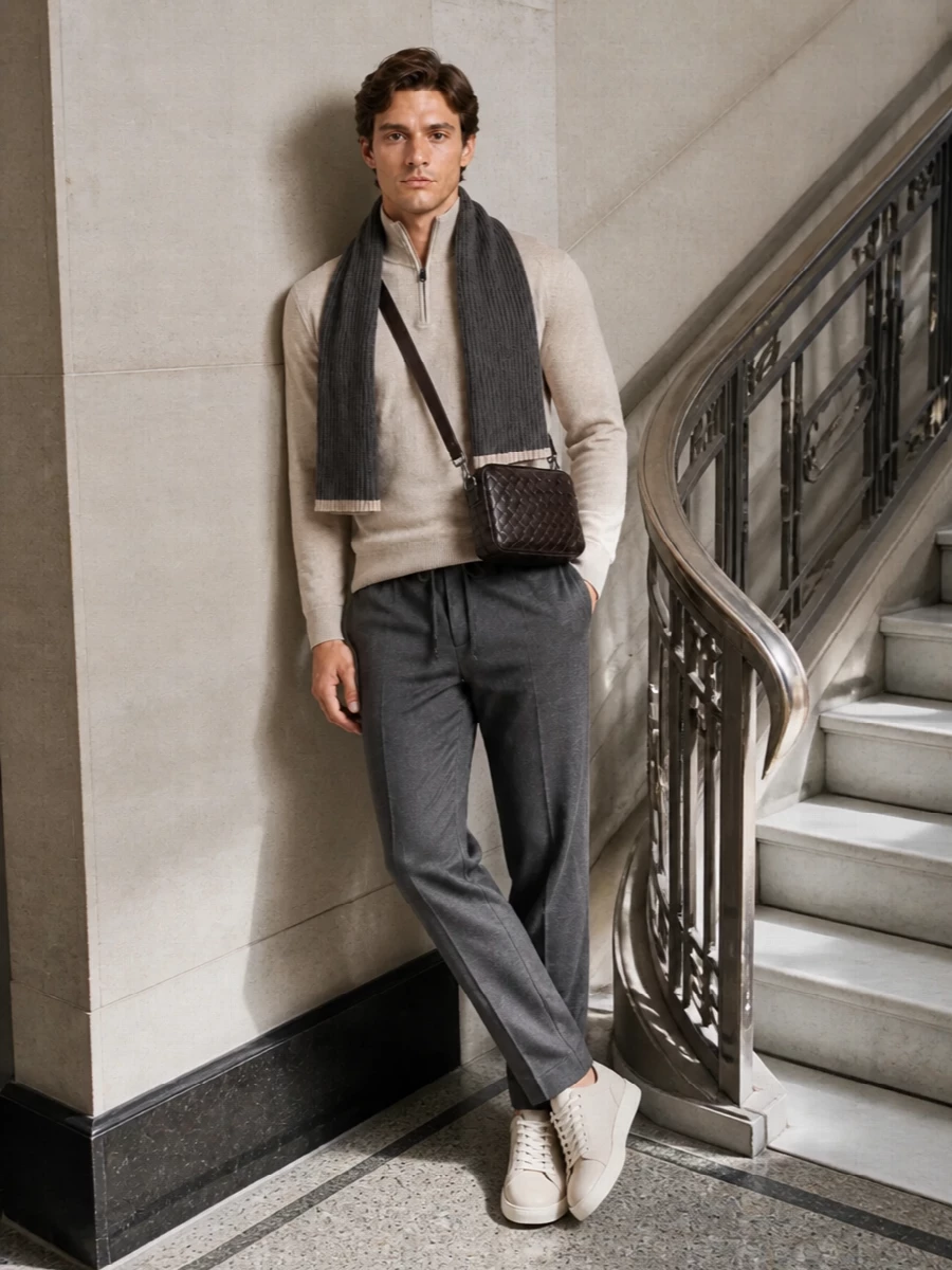 Brioni half zip charcoal trousers cucinelli sneakers