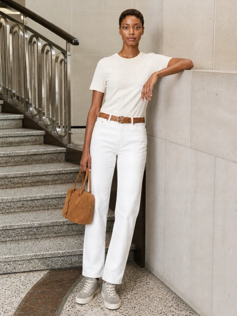 Golden goose white trousers suede sneakers outfit