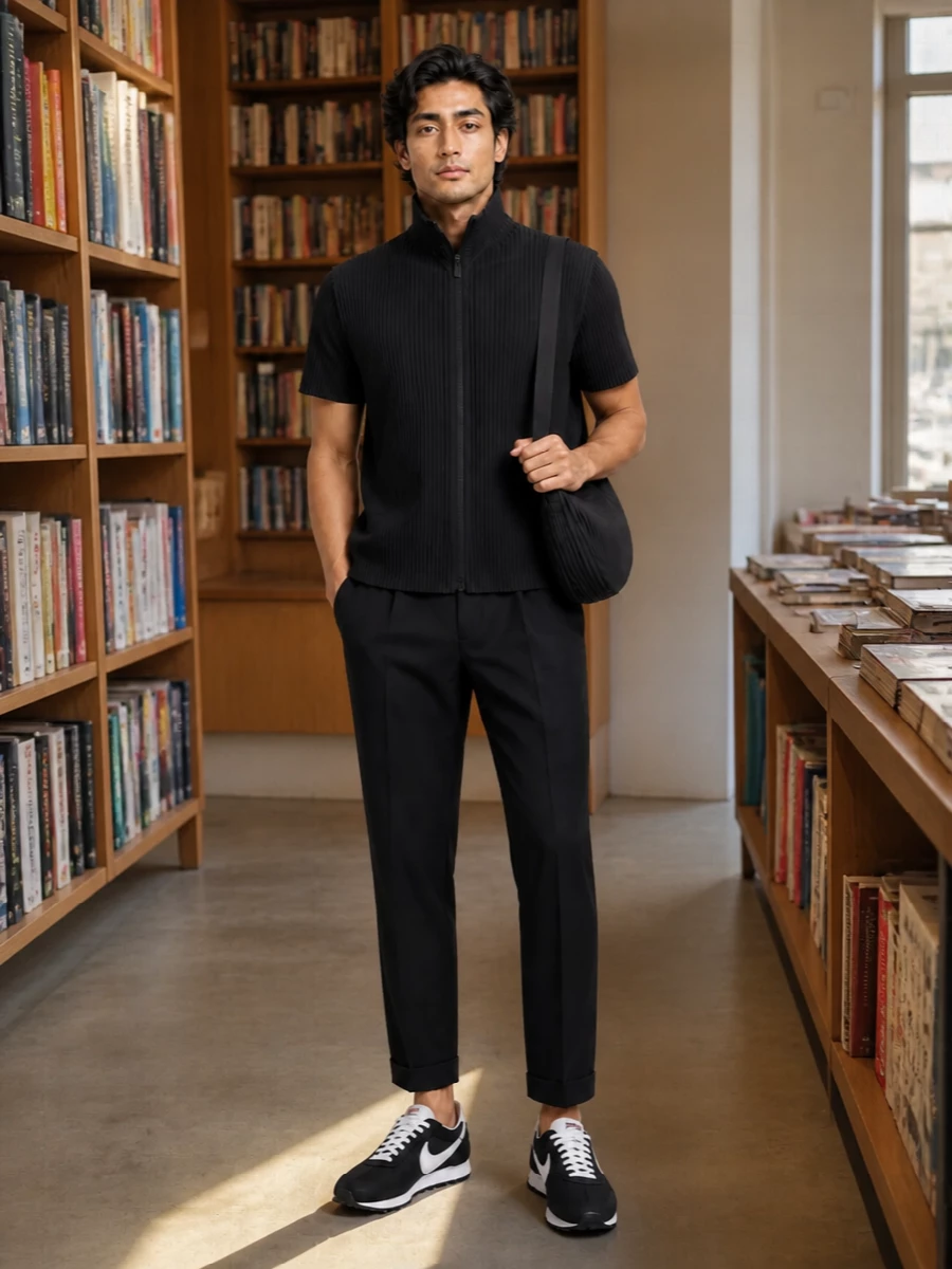 An all-black pleated column, broken only by a crisp runner, makes this feel like sculptural streetwear rather than simple basics. The shared texture between gilet, tee and bag keeps everything graphic yet quiet, while cropped tailoring and a retro sneaker stop the silhouette from reading too formal. It is an easy gallery-to-city outfit for warm days when you want movement, air and intention in equal measure.