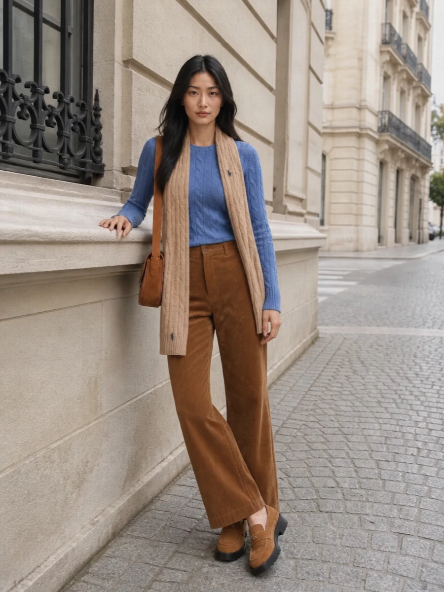 Polo cable blue sweater camel corduroy trousers