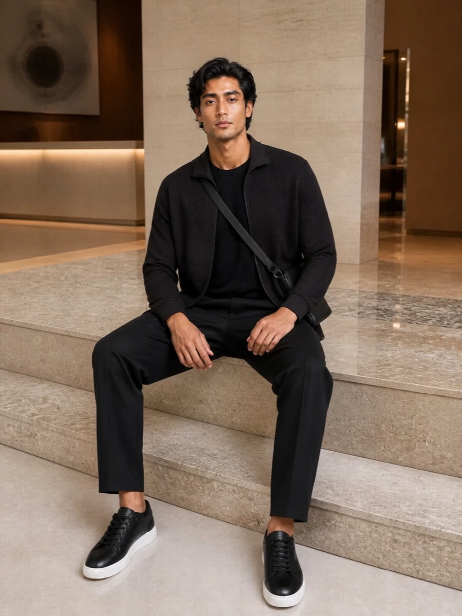 Emporio Armani’s chevron zip-through is grounded with tailored track pants and a short-sleeve black knit for a clean, commuter-ready take on sport. Textured black leather sneakers and a slim crossbody keep everything sharp, practical and firmly in that quiet Italian lane.