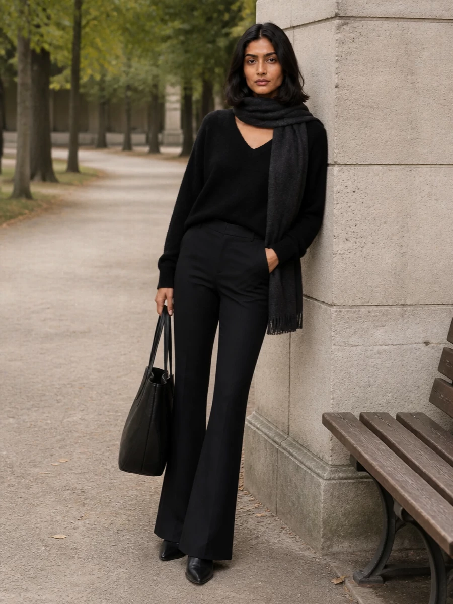 The row black sweater flared trousers outfit