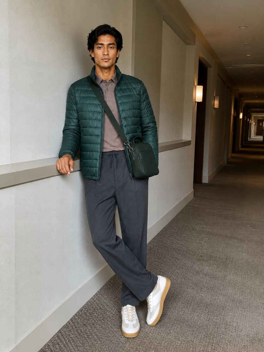 Herno green bomber taupe polo charcoal trousers