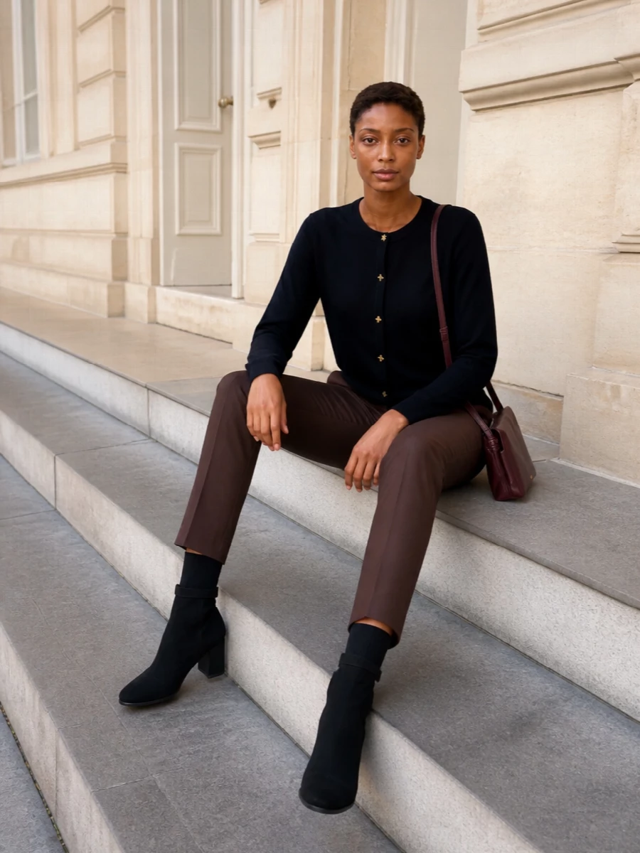 Midnight navy, chocolate and deep bordeaux create a restrained, quietly rich palette around the clean cardigan and precise trouser. Block-heel ankle boots keep the line sharp but wearable all day, while the structured cross-body adds just enough color and polish without breaking the minimalist mood.