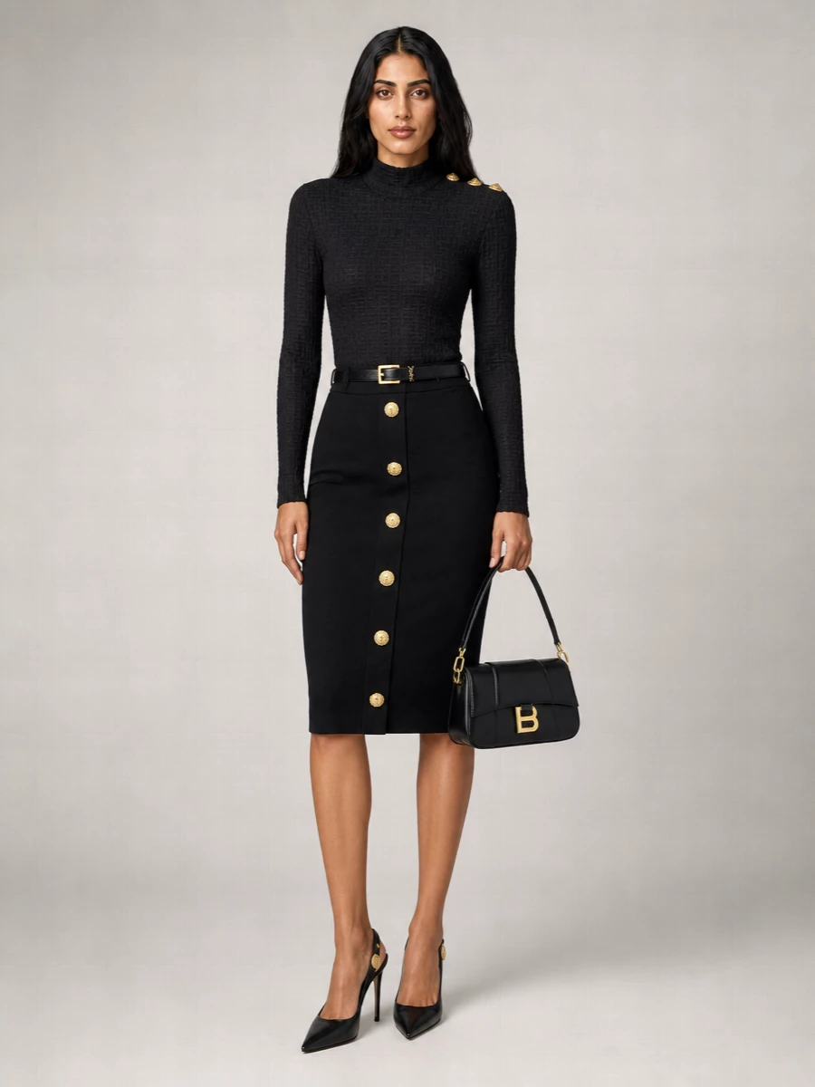 Balmain Embellished Knit Midi Pencil Skirt