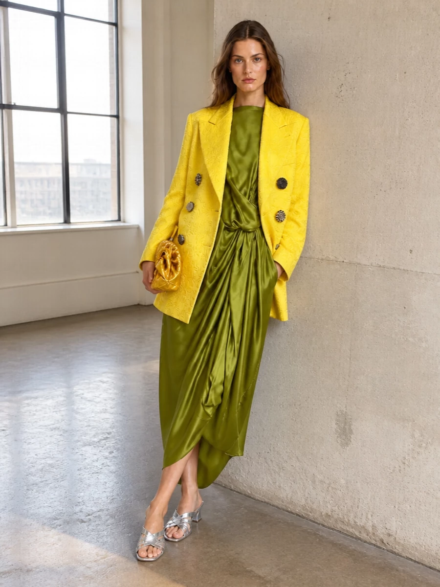 I am treating the yellow brocade coat as the outerwear star and building the outfit around fluid, tonal colour and shine, so I chose the dress path and omitted separate tailoring. The olive chartreuse satin dress echoes the coat’s warm yellow energy without adding print, while silver heels and a gold clutch introduce just enough metallic contrast for cocktail hour. The result is a long, liquid column under sculptural shoulders, glamorous but still sharply controlled in palette and silhouette.