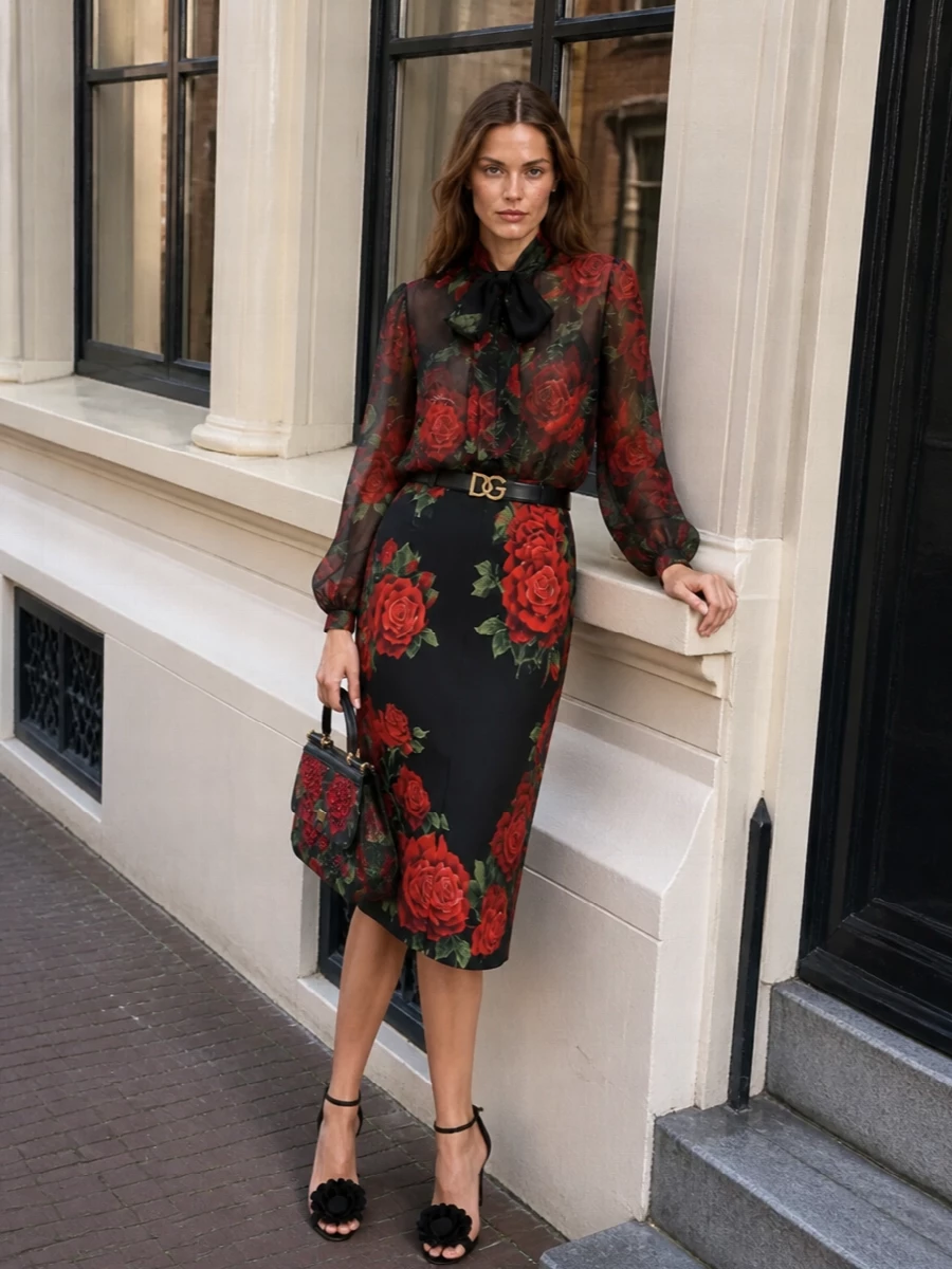 Dolce gabbana rose pencil skirt sheer blouse outfit