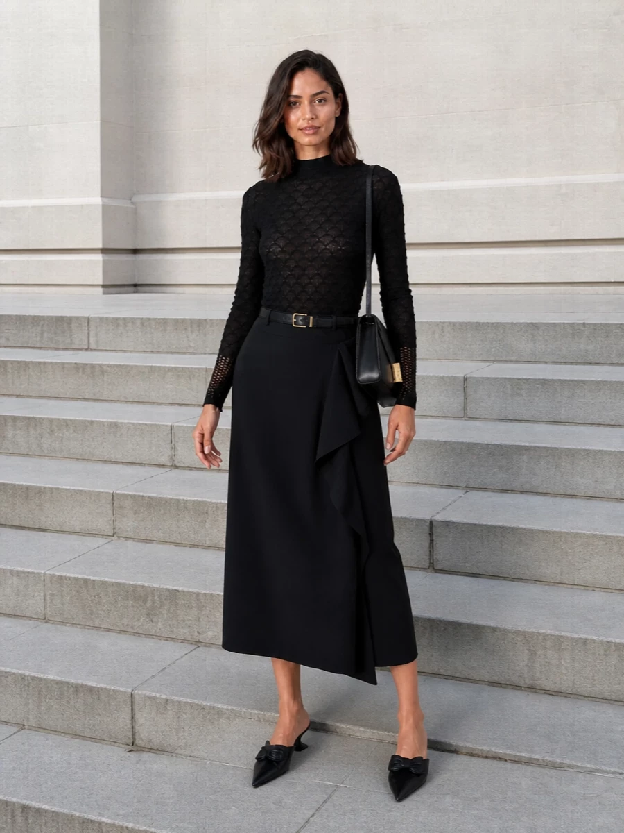 Lanvin black midi skirt sheer top mules