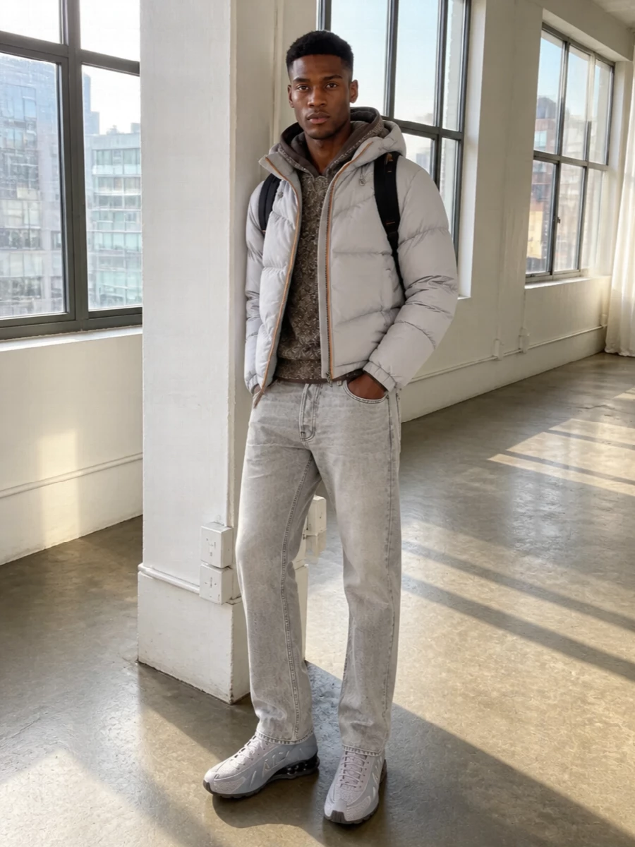 K way puffer haikure jeans nike runners