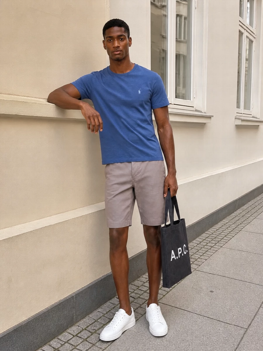 Slate blue on top with taupe chino shorts creates an easy, collegiate palette that feels relaxed but still put together. Clean white court sneakers sharpen the color story and keep it light for warm days. A simple dark tote finishes it with a quietly graphic, city-ready touch that still suits weekends away.
