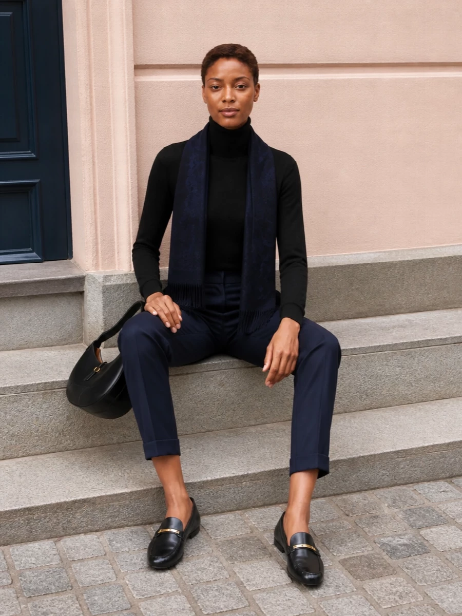 Polo turtleneck navy trousers tods loafers