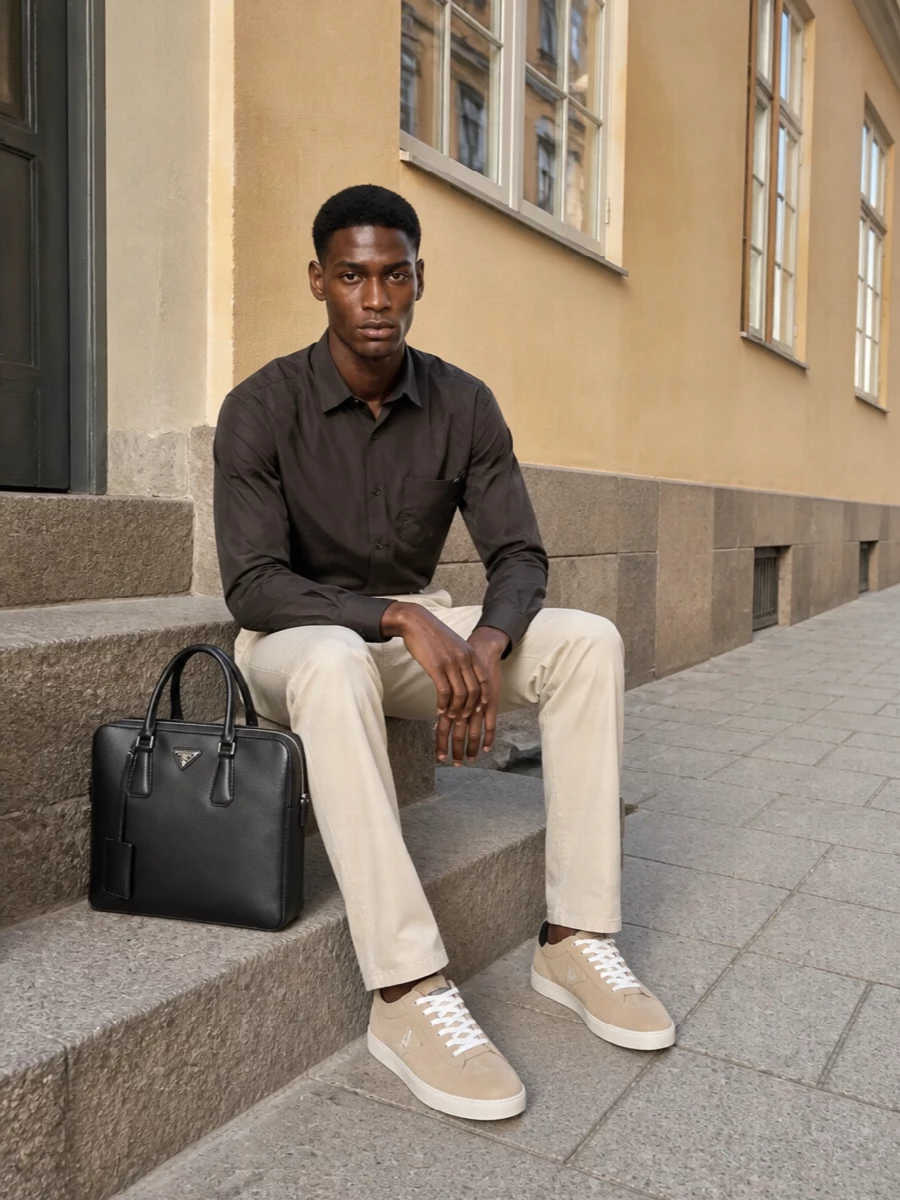 Prada beige trousers charcoal shirt taupe sneakers