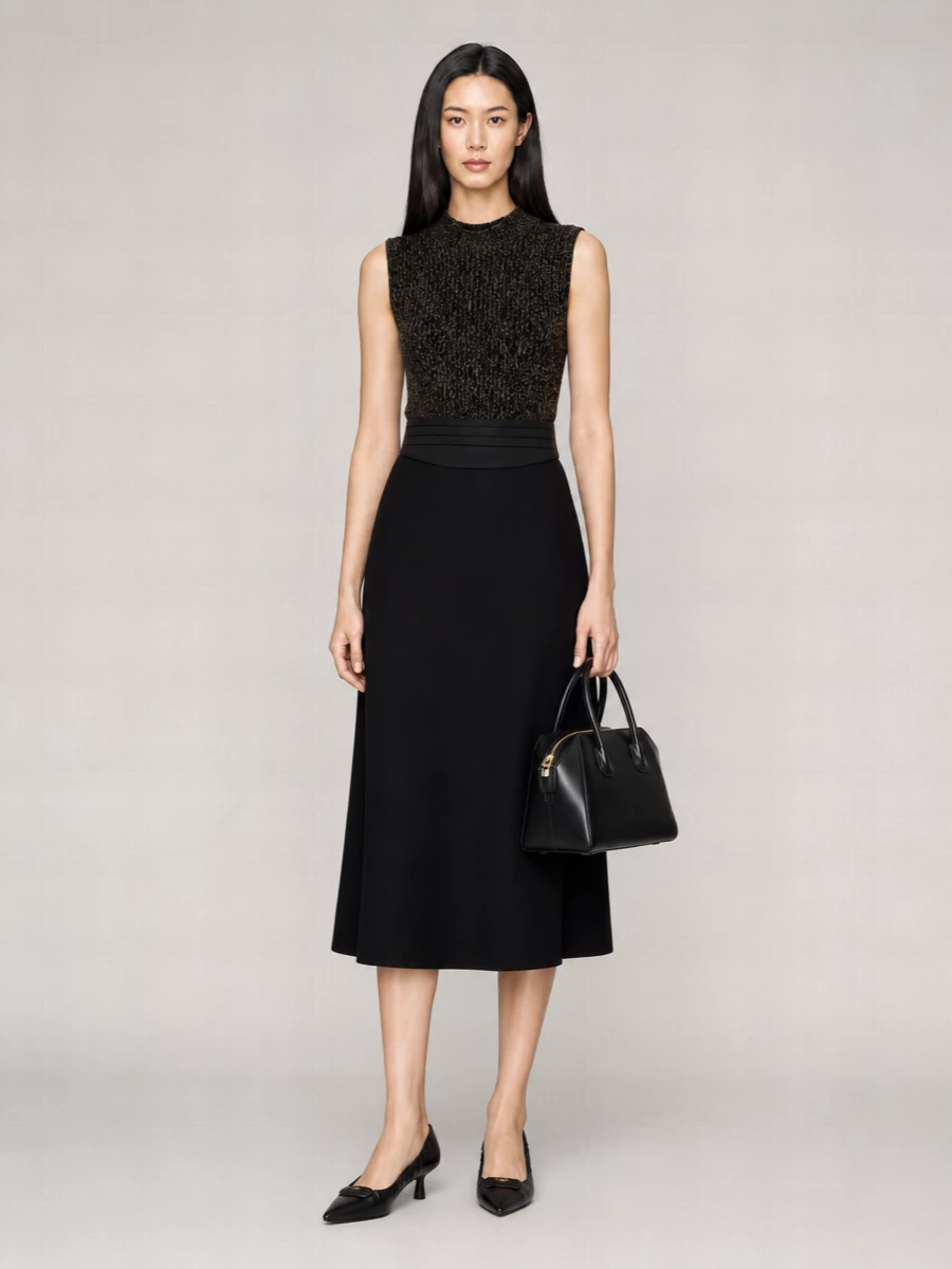 Prada Wool Cashmere Relaxed-Fit Ribbed Crew-Neck Flared Midi Dress