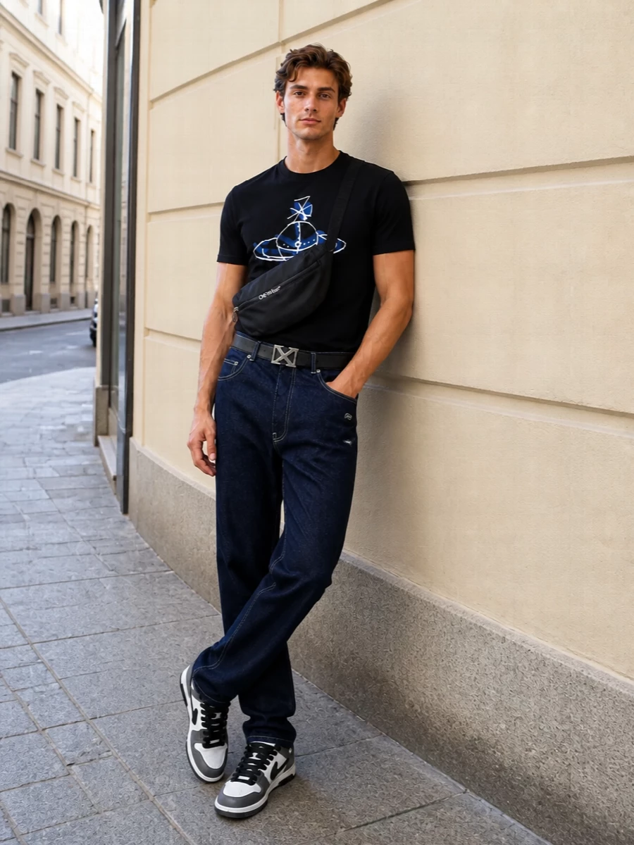 A graphic Vivienne Westwood tee meets dark Off-White denim for a clean, art-school take on streetwear that stays focused on line and color. Monochrome sneakers, a compact belt bag, and an arrow-buckle belt keep the palette tight and the details sharp, so the Orb remains the quiet statement. It is relaxed enough for daily wear yet considered enough for nights in the city.