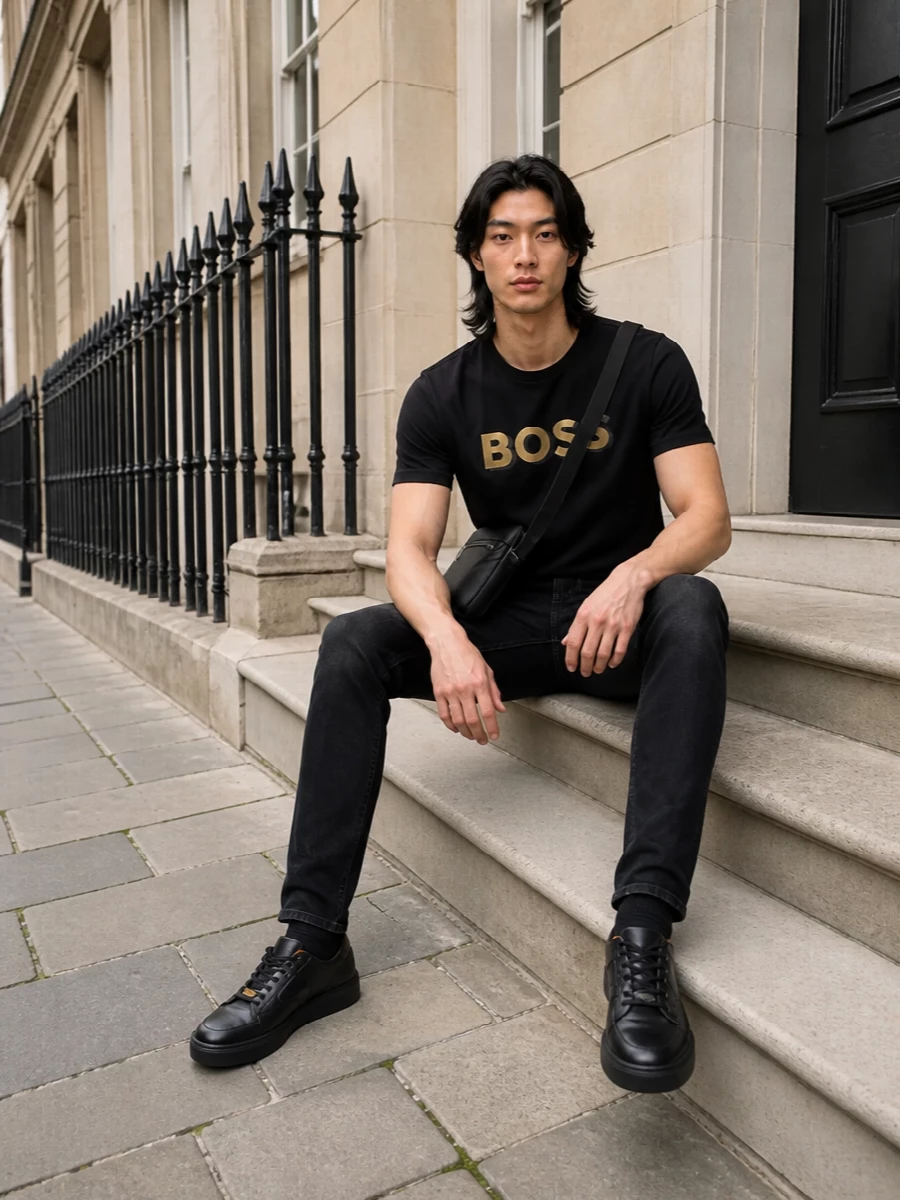 Boss black logo tee slim black jeans outfit