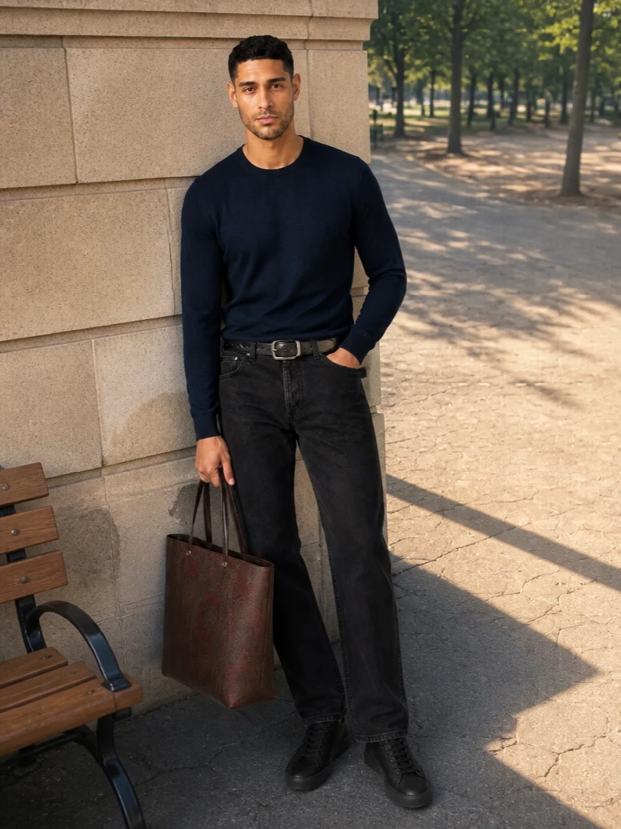 Etro black jeans navy knit prada sneakers