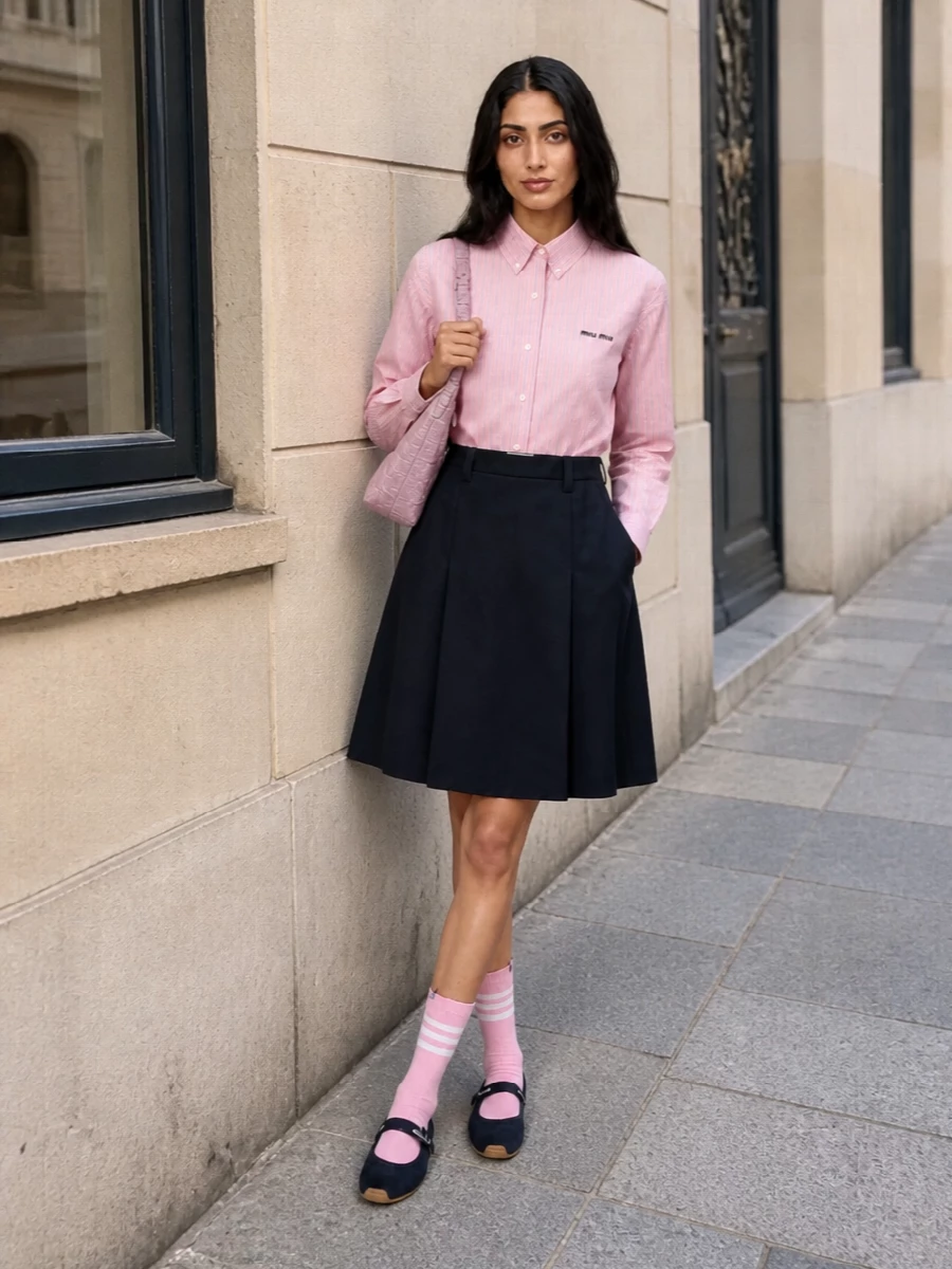 The pink striped Miu Miu shirt is tucked into a deep navy pleated skirt, creating a refined, collegiate take on uniform dressing. Navy mary jane ballerinas keep the silhouette light and feminine, while a dusty-pink structured shoulder bag quietly echoes the shirt’s sorbet tone for a cohesive, quietly luxurious SS city look. Soft blush socks add a subtle wink of preppy charm without disturbing the clean, tailored lines.