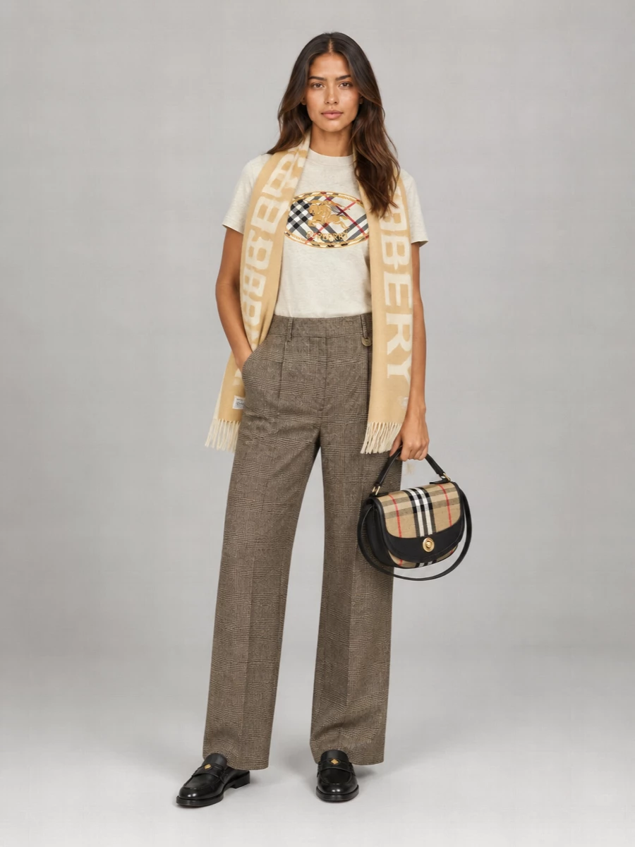A quietly branded Burberry tee meets high-waisted checked trousers for a clean take on preppy tailoring in soft neutrals. Black loafers and a structured heritage-check shoulder bag sharpen the mood just enough for city days. The neutral logo scarf finishes it with warmth and a graphic touch while keeping the palette calm and minimal.