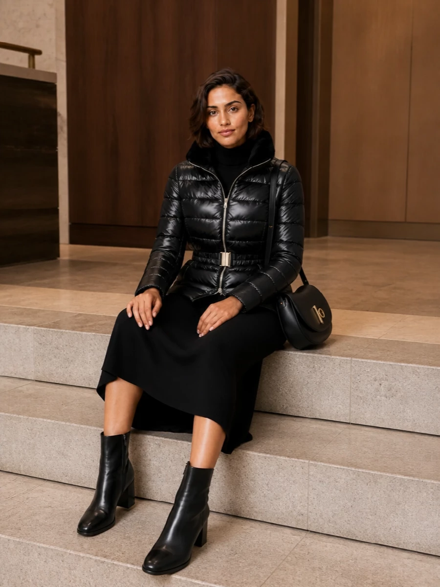 Herno puffer black knit midi dress ankle boots