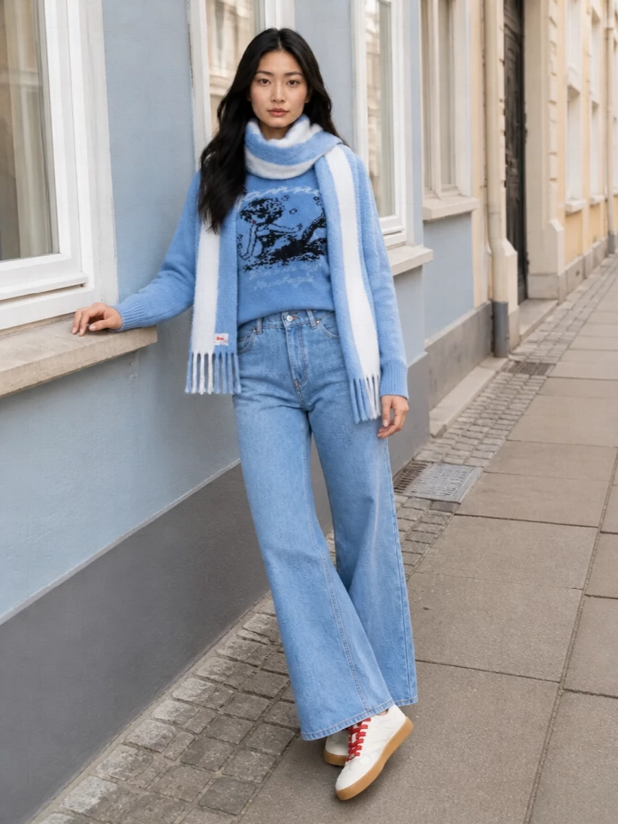 Ganni blue sweater wide leg jeans sneakers