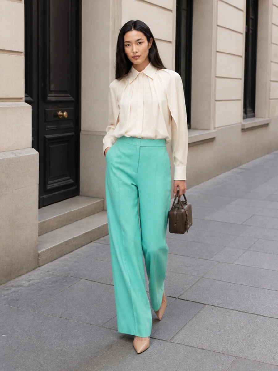 Aqua wide-leg trousers are grounded with an architectural ivory pleated blouse for a crisp, elongated SS silhouette. Nude stilettos sharpen the line and subtly extend the leg, while a structured taupe mini box bag adds a discreet, modern accent that keeps the palette hushed and impeccably polished. The result is an elevated yet effortless take on summer tailoring, ideal for dinners, events, or a commanding day in the city.