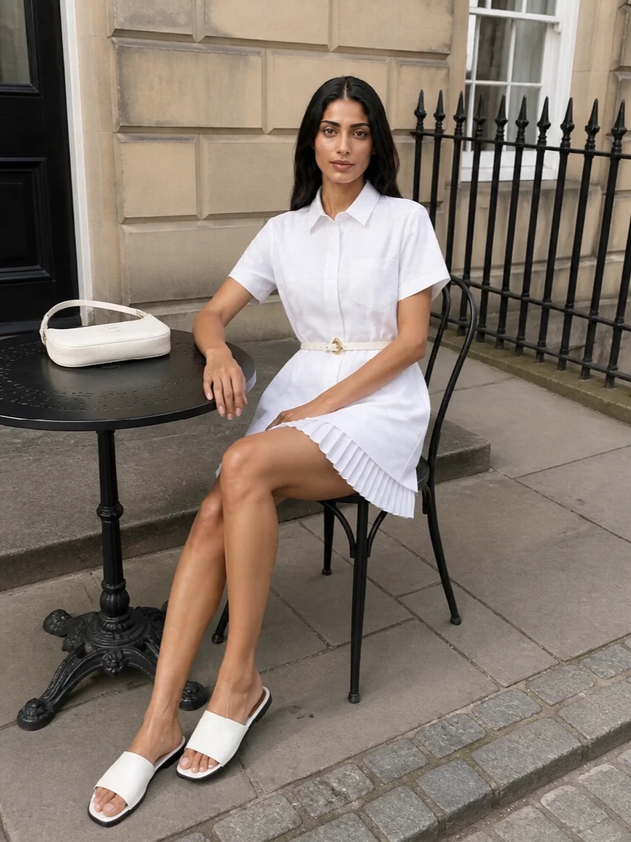 A crisp white Sacai shirt dress stays quietly sharp, cinched with a slim white belt for just enough definition. White Prada slides keep the mood clean and relaxed, while the off-white Jacquemus shoulder bag adds soft structure and polish. The result is an easy, modern city outfit that feels light but considered from every angle.