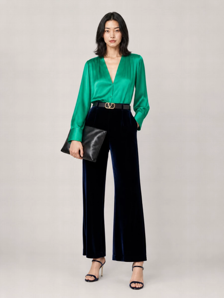 Emerald satin and midnight velvet meet here in a restrained jewel-toned palette that feels intimate rather than showy. The high waist and belt definition let the wide leg stay long and fluid, while the stiletto sandal and softly structured clutch keep the whole composition sharp enough for dinner or a low-lit party. It is relaxed in movement but considered in every line.