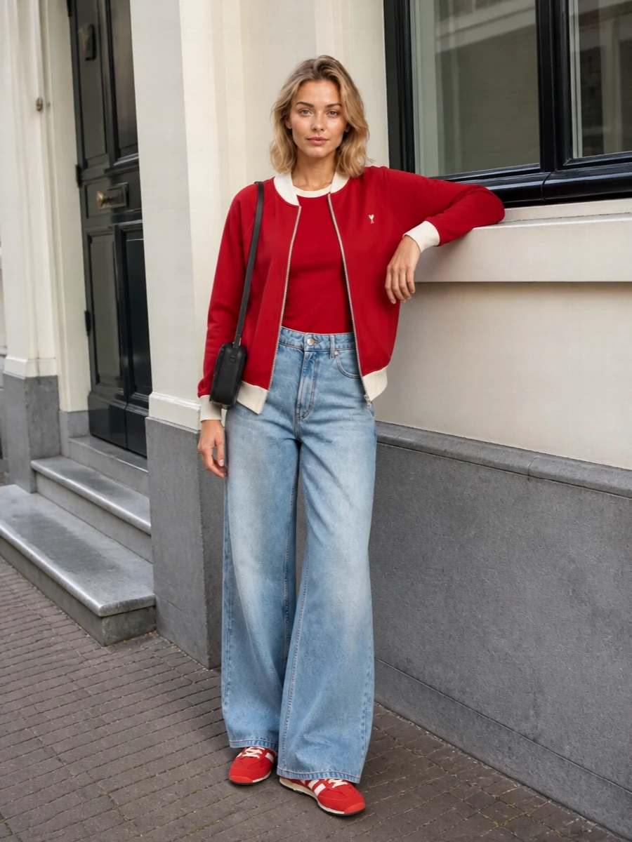 Ami paris red track jacket wide leg jeans outfit