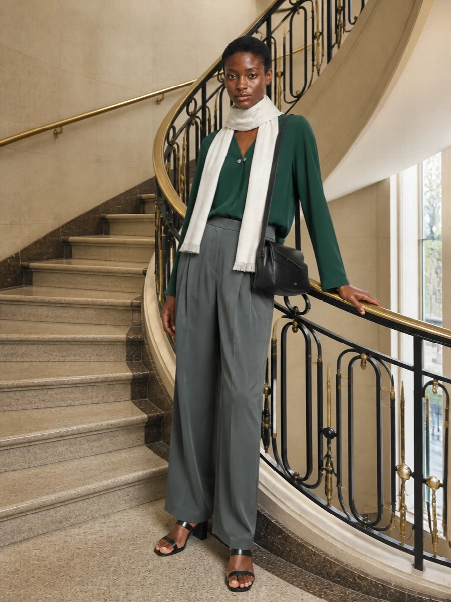 Max mara green blouse wide leg trousers outfit