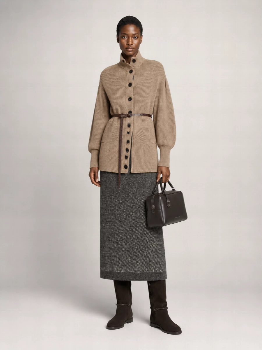 Brunello Cucinelli Cashmere Wool Silk Ribbed Belted High Neck Cardigan