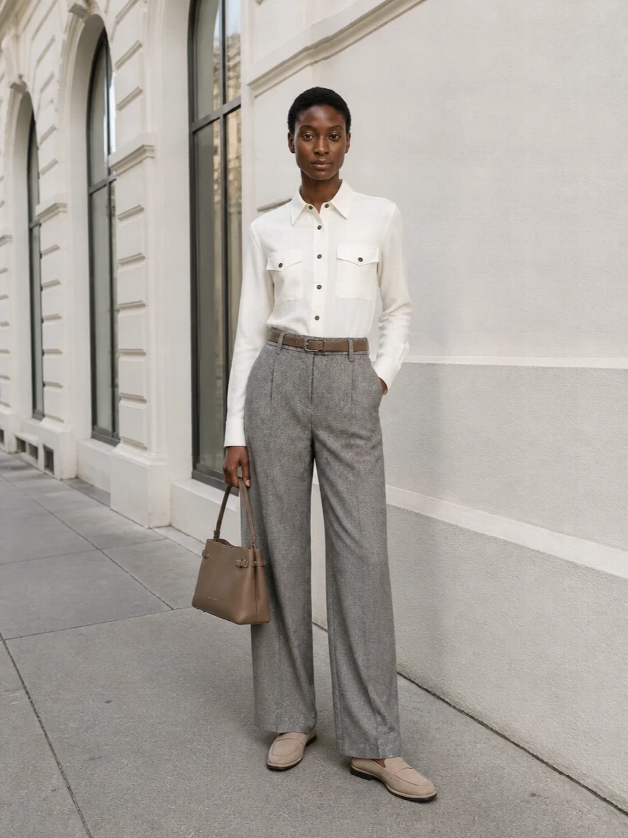 Brunello cucinelli ivory shirt grey wide leg trouser