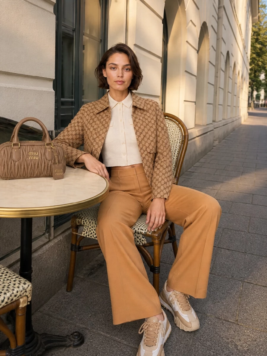 I am building around the Gucci GG cropped jacket with a tailored base rather than a dress, as the jacket is the clear anchor and pairing it over a dress would feel forced and heavy. High-waisted camel wide-leg trousers and the buttercream cropped knit create a long, clean column under the cropped jacket, letting the monogram read sharp rather than busy. Camel and cream chunky sneakers and a quilted camel bag pull it back into modern streetwear, keeping the whole outfit quietly luxe but grounded and easy to wear all day.