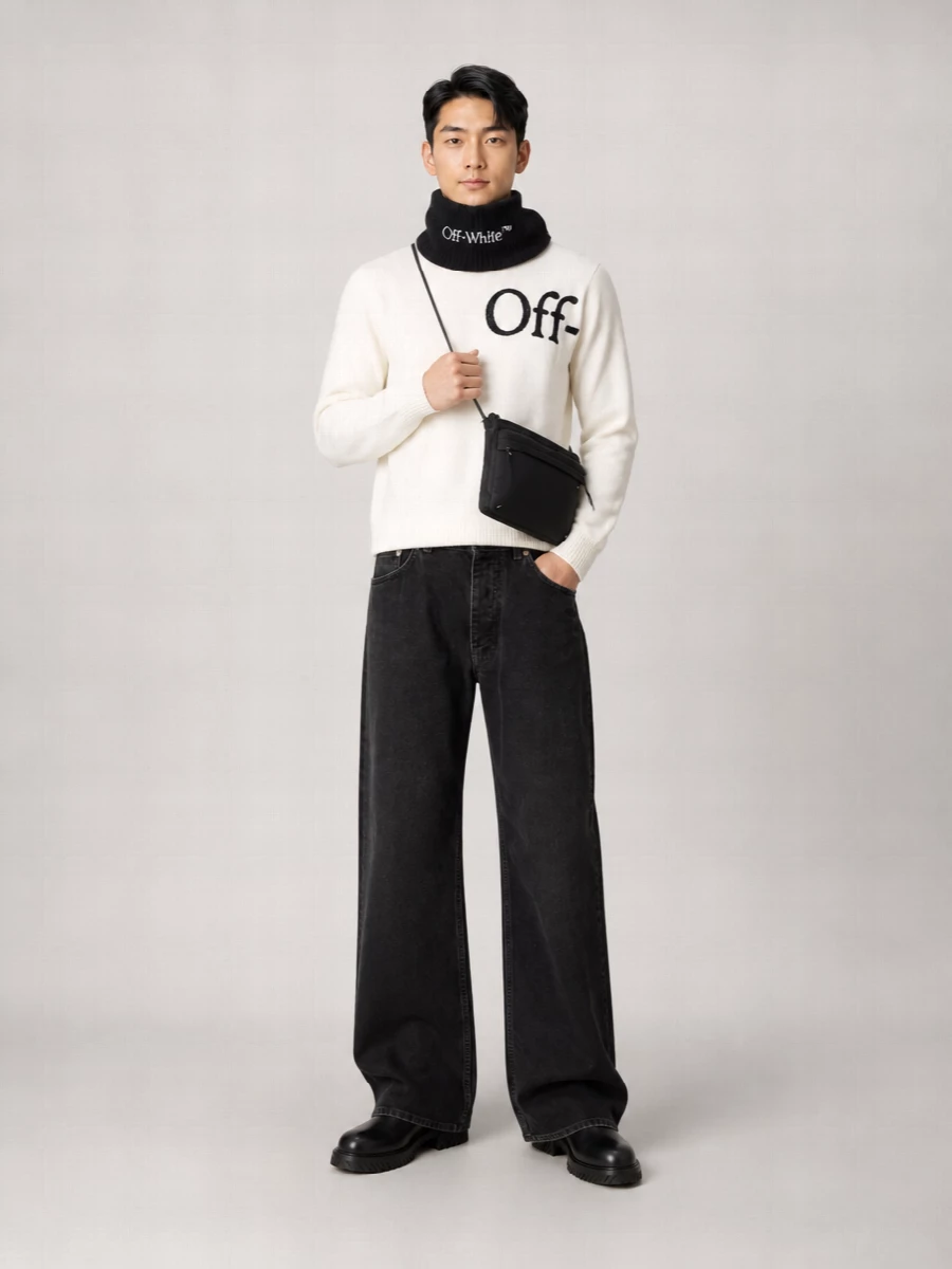 Off-White Wool Fine-Knit Logo-Print Crewneck Sweater