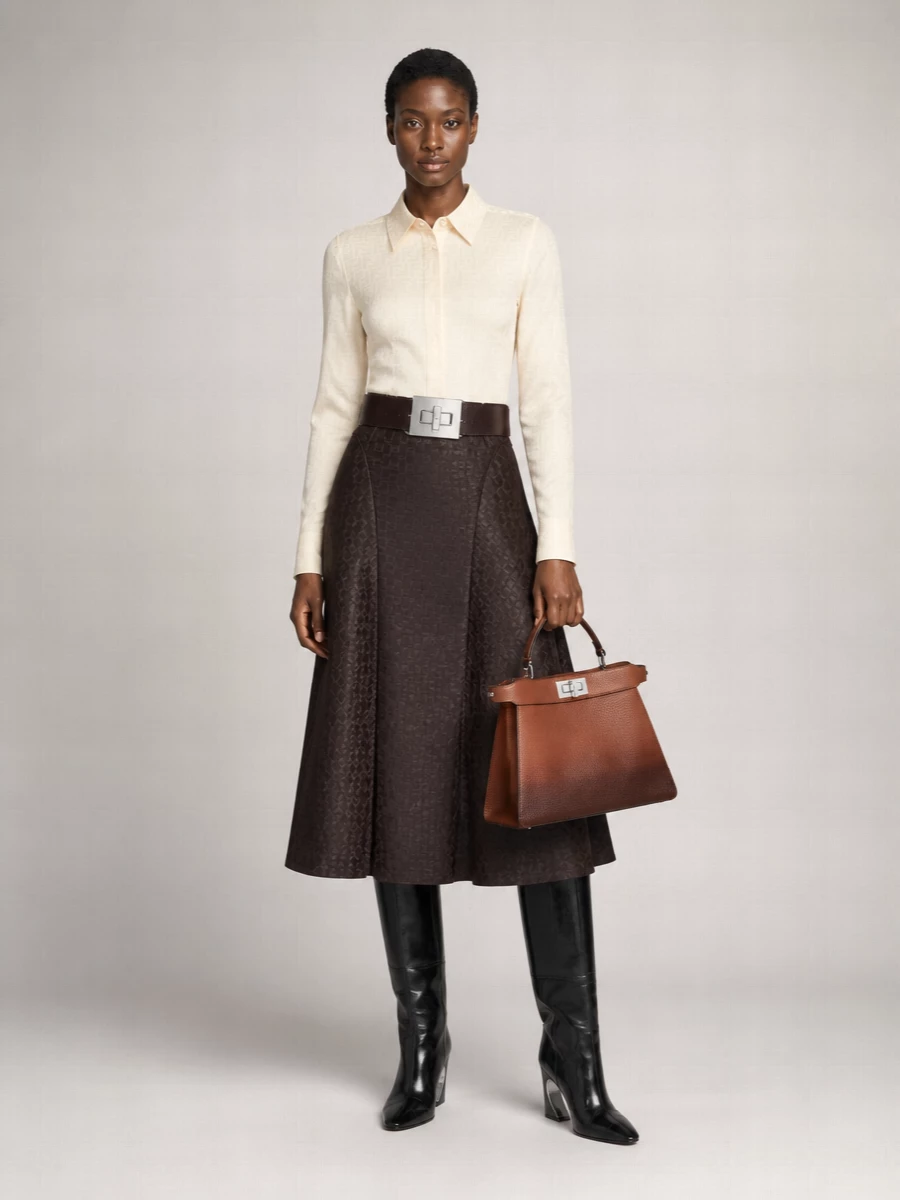 Fendi Silk Checked Midi A-Line Skirt