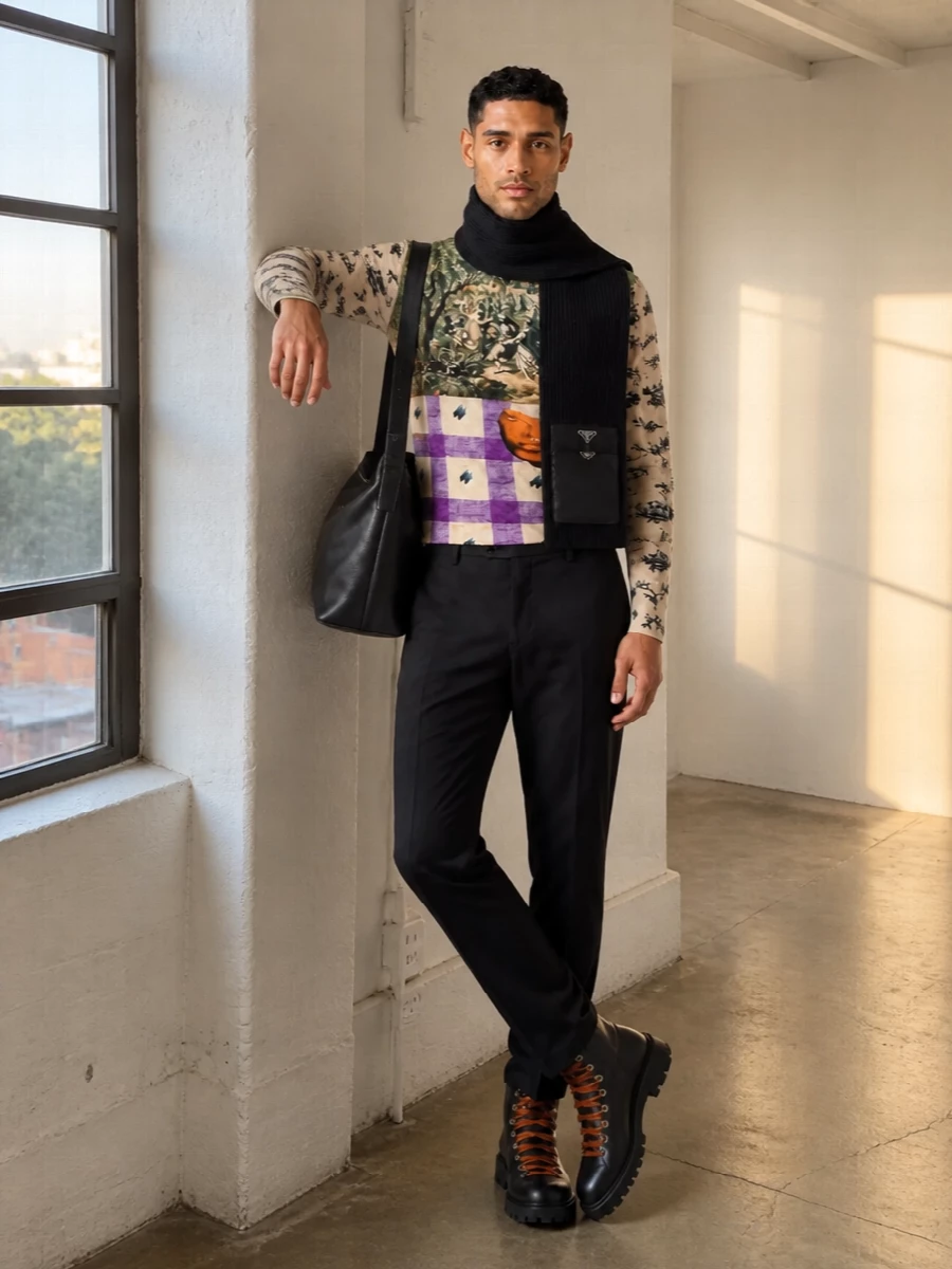 Prada graphic shirt black tailored trousers outfit