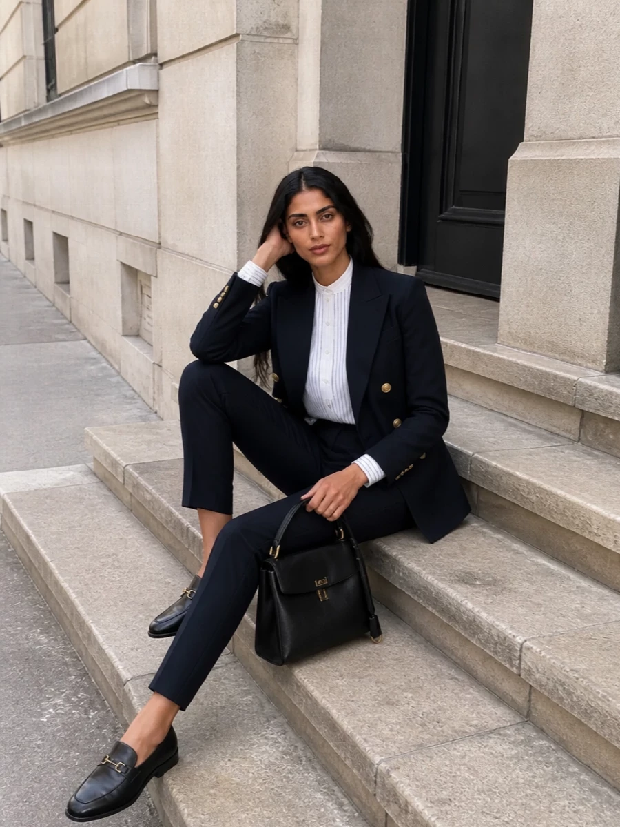 Gucci blazer navy trousers loafers outfit