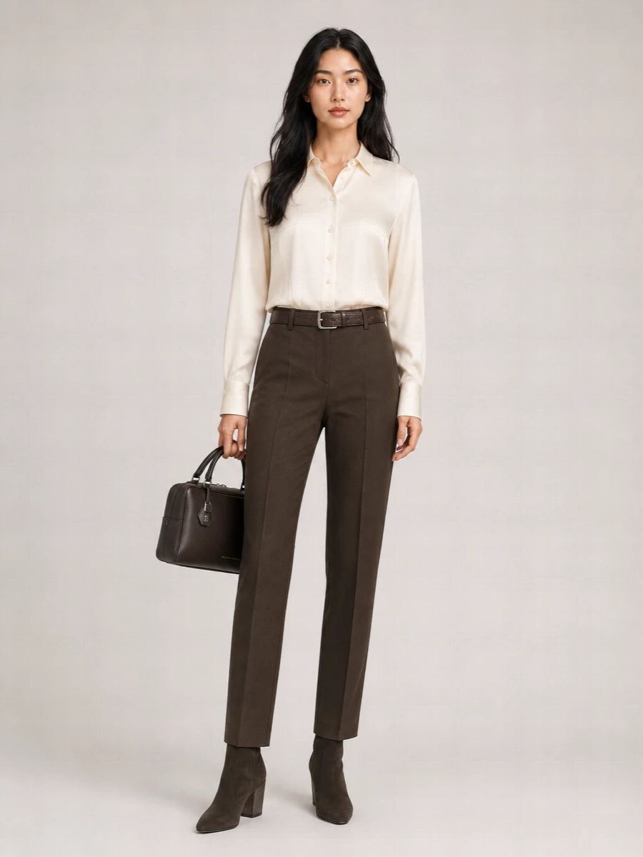 Deep espresso tailoring meets soft buttercream silk for a calm, considered take on city dressing. The pointed suede ankle boots and structured box bag mirror the richness of the trouser, while a chocolate belt quietly sharpens the waistline. The result is boardroom-appropriate polish that still feels relaxed enough for a late dinner reservation.