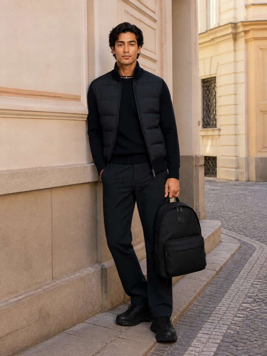Moncler navy padded bomber technical pants outfit