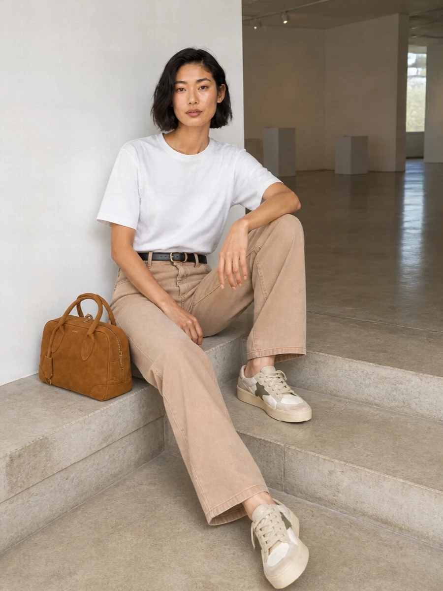 Golden goose beige jeans white tee sneakers