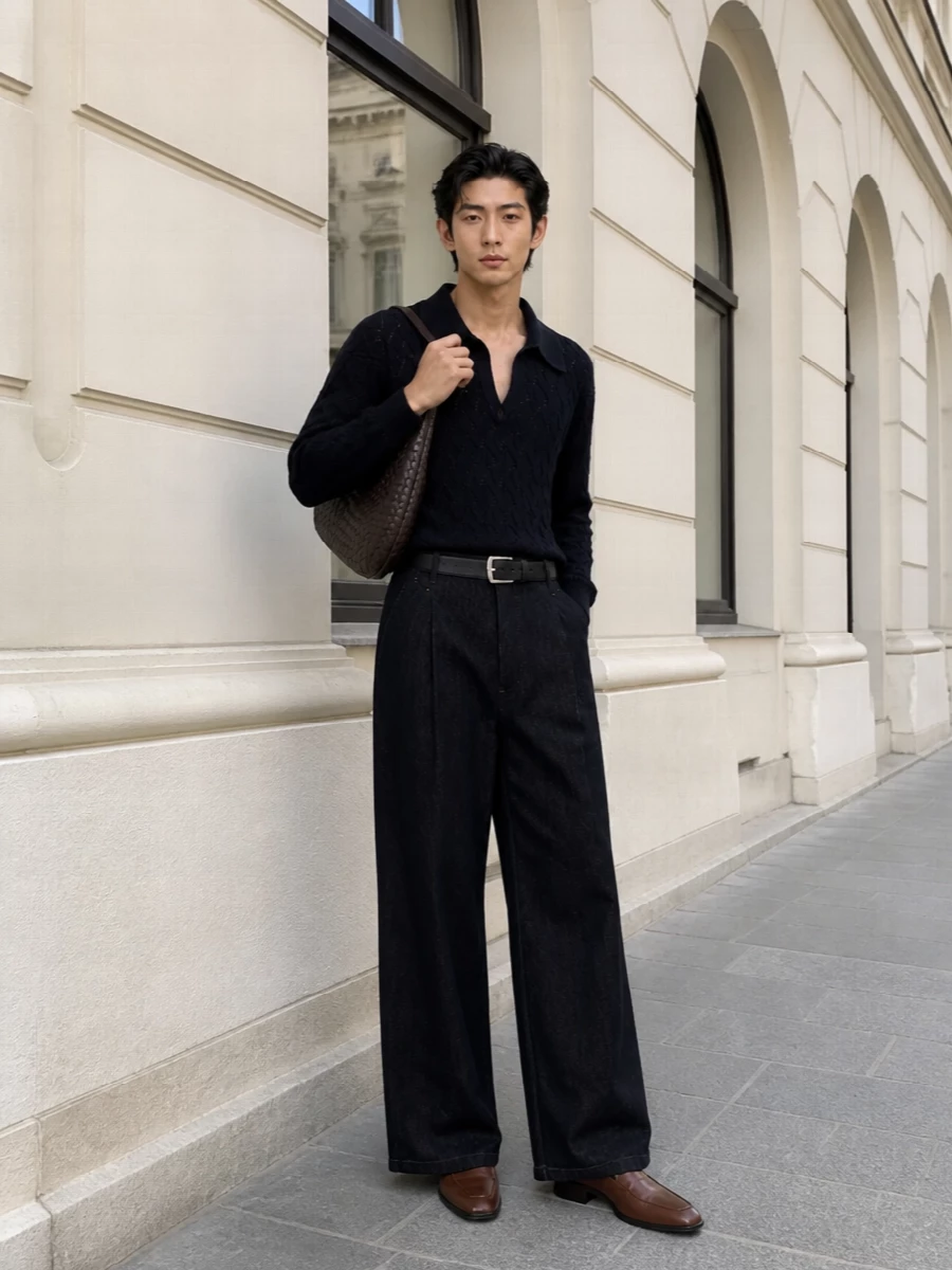 Deep navy openwork and inky wide-leg denim create a long, relaxed line that feels sensual but controlled. The square-toe brown loafer and intrecciato crescent bag bring warmth and texture, keeping everything firmly in the quiet-luxury space. A slim dual-tone belt sharpens the waist so the volume reads intentional rather than casual.