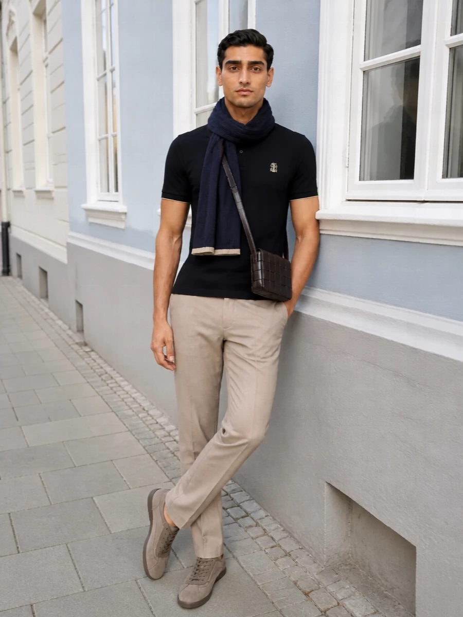 Brunello cucinelli navy polo beige chinos outfit