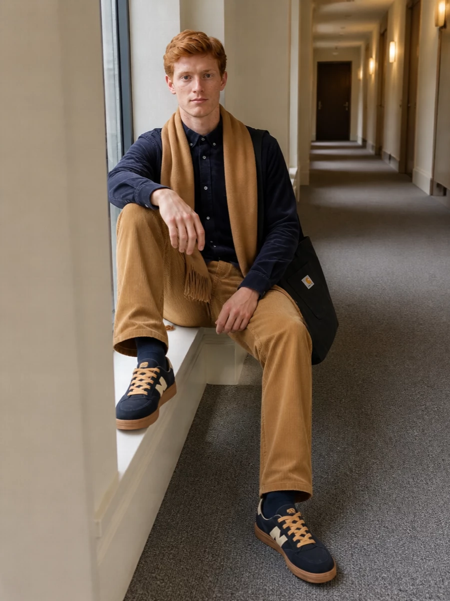 Ink navy cord and camel wale play off each other for a clean, collegiate workwear vibe that still feels relaxed enough for everyday city wear. The straight-leg proportions and low-profile court sneakers keep the silhouette grounded and easy, while the black tote and camel scarf add just enough structure and warmth without cluttering the line. It is a quietly graphic mix of texture and tone that leans street but stays polished enough for campus, coffee runs or casual office days.