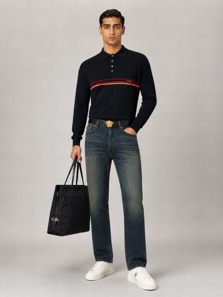 Versace Cotton Striped Long-Sleeve Polo Shirt