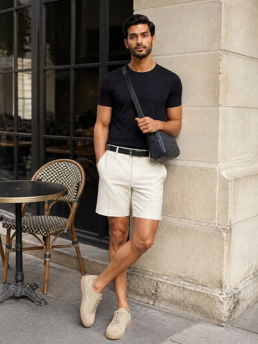 Zegna navy shirt ivory tailored shorts outfit