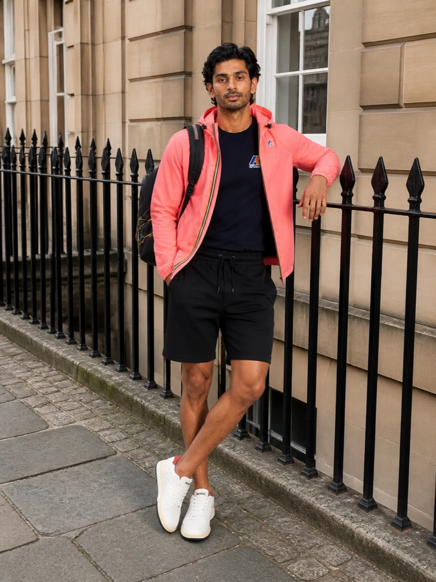 K way coral windbreaker navy shorts white sneakers