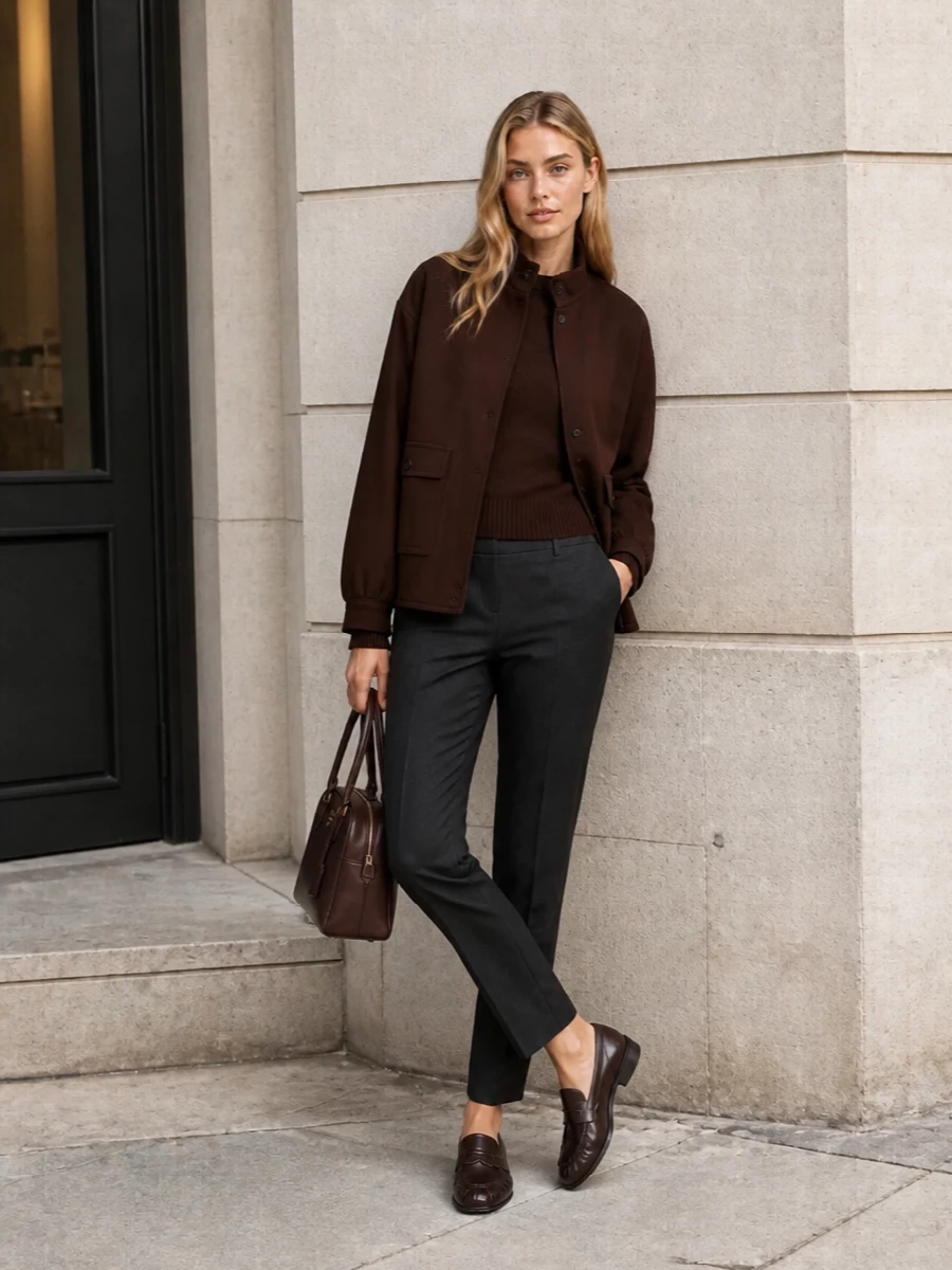 Prada chocolate jacket outfit tapered trousers