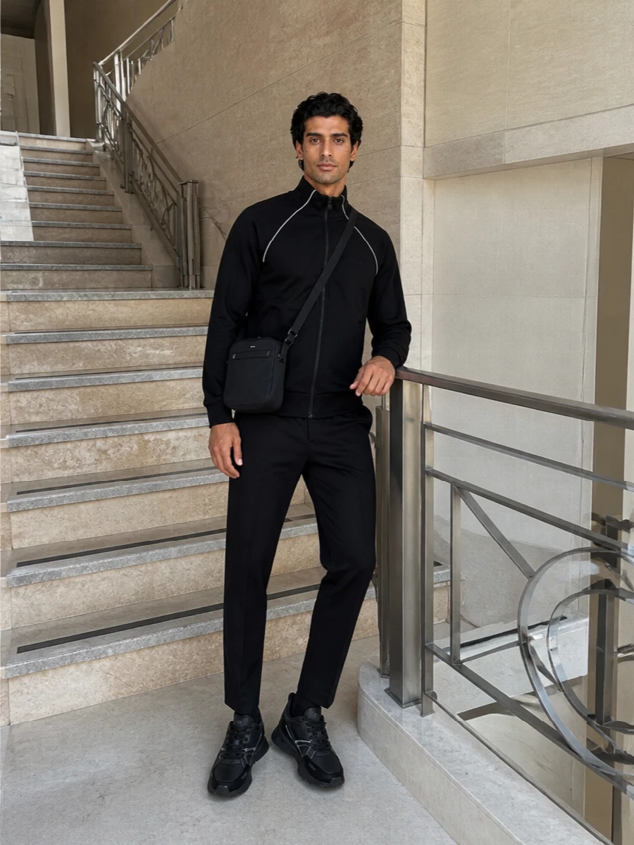 Boss black track jacket cropped trousers outfit