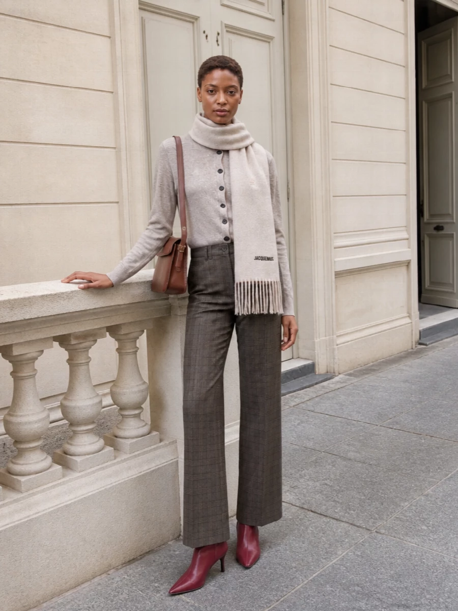 Acne cardigan with checked trousers outfit