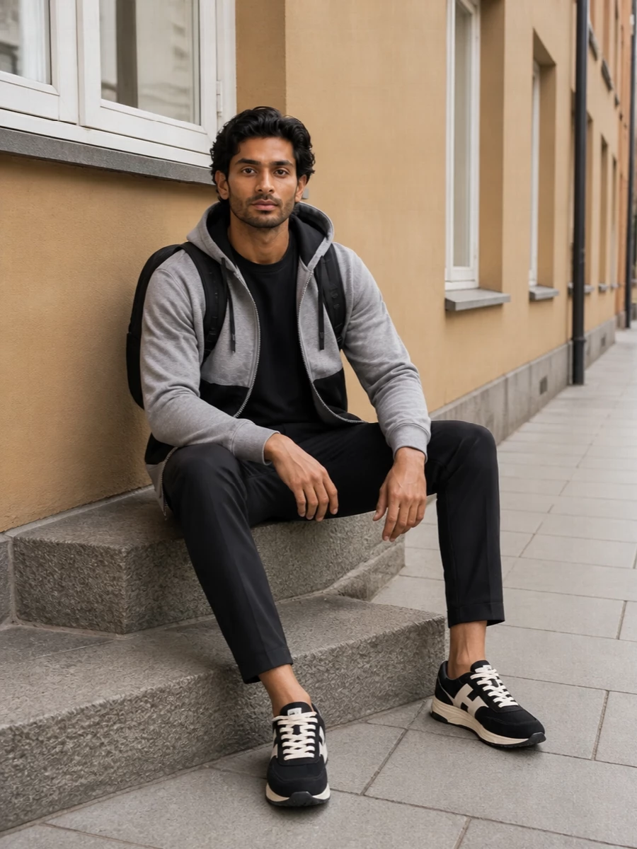 Herno hoodie hogan sneakers moncler bag outfit