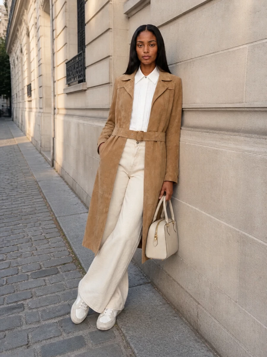 Golden goose trench wide leg jeans outfit